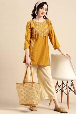 Mustard colour viscose rayon fabric designer embroidered formal short kurti 4