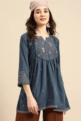 Turquoise blue colour viscose rayon fabric designer embroidered formal short kurti 1