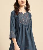 Turquoise blue colour viscose rayon fabric designer embroidered formal short kurti