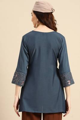 Turquoise blue colour viscose rayon fabric designer embroidered formal short kurti 2