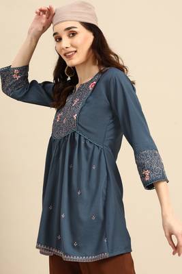 Turquoise blue colour viscose rayon fabric designer embroidered formal short kurti 3