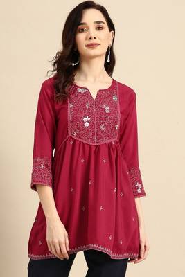 Maroon colour viscose rayon fabric designer embroidered formal short kurti 1