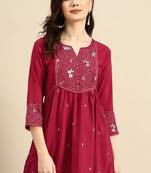 Maroon colour viscose rayon fabric designer embroidered formal short kurti