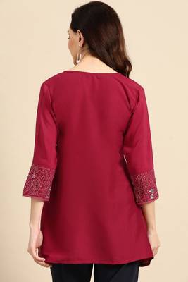 Maroon colour viscose rayon fabric designer embroidered formal short kurti 2