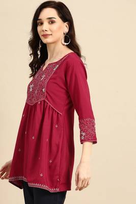 Maroon colour viscose rayon fabric designer embroidered formal short kurti 3