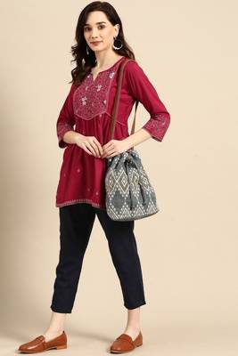 Maroon colour viscose rayon fabric designer embroidered formal short kurti 4