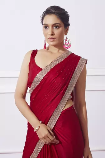 Red Smart And Girlish Heavy Swaroski Work Saree