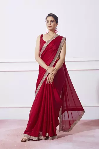 Red Smart And Girlish Heavy Swaroski Work Saree