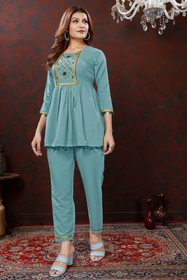 Blue colour smart hand embroidered trendy co-ord set 1