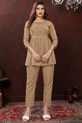 Beige colour smart hand embroidered trendy co-ord set 1