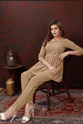 Beige colour smart hand embroidered trendy co-ord set 2