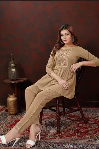 Beige colour smart hand embroidered trendy co-ord set