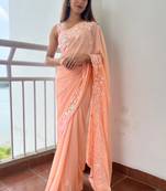 Peach Girlish Designer Sequance Embroidery Work Partywear Elegant Saree