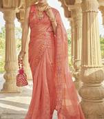 Peach Elegant Fancy Fanric Saree With Rich Embroidery And Classy Mirror Work For Party Looks