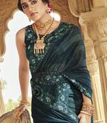 Teal Blue Elegant Fancy Fanric Saree With Rich Embroidery And Classy Mirror Work For Party Looks