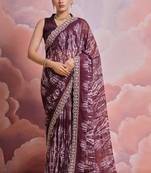 Wine Ethnic Printed Saree With Sequance And Coding Work Lace Border