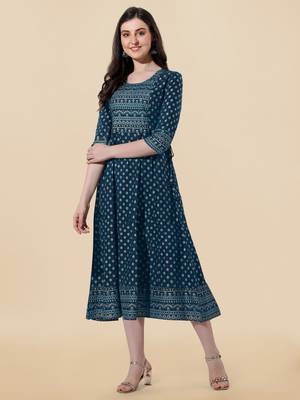Blue golden rayon jaipuri print foil print mirror work tassels round neck kurta for women 1