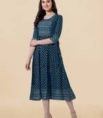 Blue golden rayon jaipuri print foil print mirror work tassels round neck kurta for women