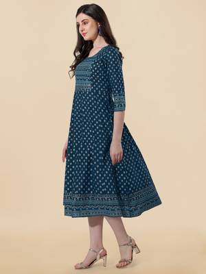 Blue golden rayon jaipuri print foil print mirror work tassels round neck kurta for women 2