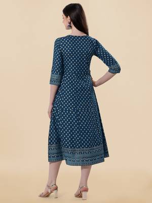 Blue golden rayon jaipuri print foil print mirror work tassels round neck kurta for women 3