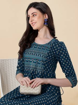 Blue golden rayon jaipuri print foil print mirror work tassels round neck kurta for women 4
