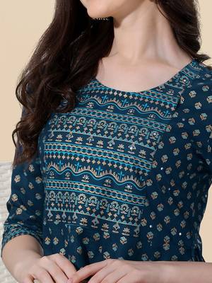 Blue golden rayon jaipuri print foil print mirror work tassels round neck kurta for women 5
