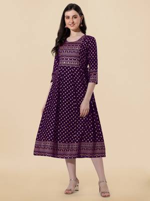 Wine golden rayon jaipuri print foil print mirror work tassels round neck kurta for women 1