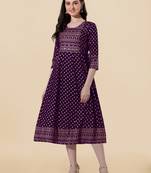 Wine golden rayon jaipuri print foil print mirror work tassels round neck kurta for women