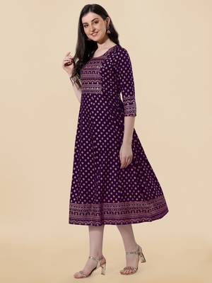 Wine golden rayon jaipuri print foil print mirror work tassels round neck kurta for women 2