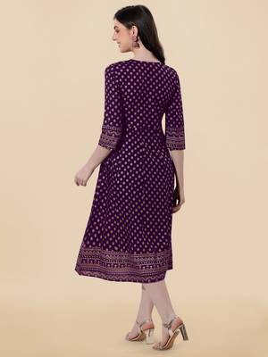 Wine golden rayon jaipuri print foil print mirror work tassels round neck kurta for women 3