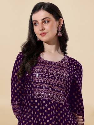 Wine golden rayon jaipuri print foil print mirror work tassels round neck kurta for women 4