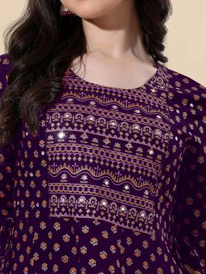 Wine golden rayon jaipuri print foil print mirror work tassels round neck kurta for women 5