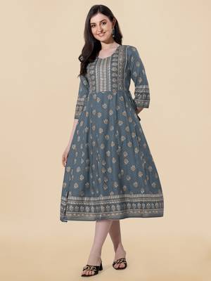 Grey golden rayon jaipuri print foil print mirror work tassels round neck kurta for women 1