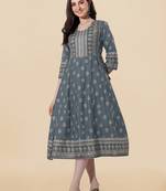 Grey golden rayon jaipuri print foil print mirror work tassels round neck kurta for women