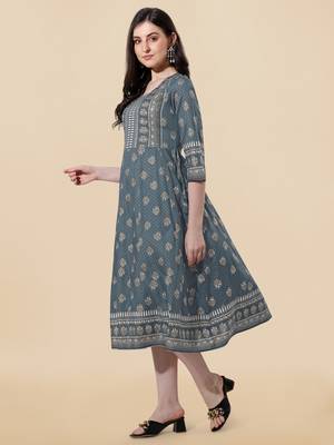 Grey golden rayon jaipuri print foil print mirror work tassels round neck kurta for women 2