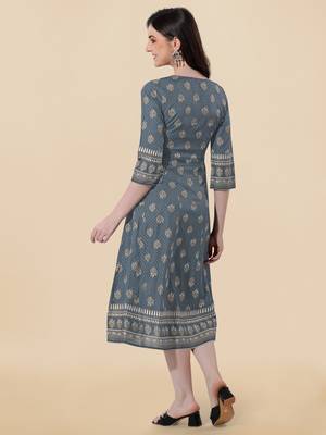 Grey golden rayon jaipuri print foil print mirror work tassels round neck kurta for women 3