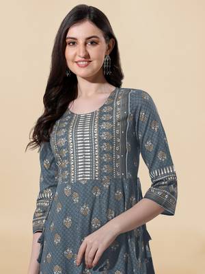 Grey golden rayon jaipuri print foil print mirror work tassels round neck kurta for women 4