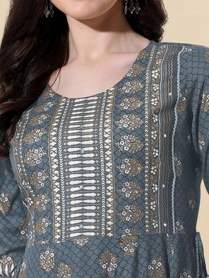 Grey golden rayon jaipuri print foil print mirror work tassels round neck kurta for women 5