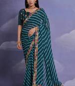Teal Blue Bandhej Printed Floral Embroidered Saree For Ethnic Traditional Looks