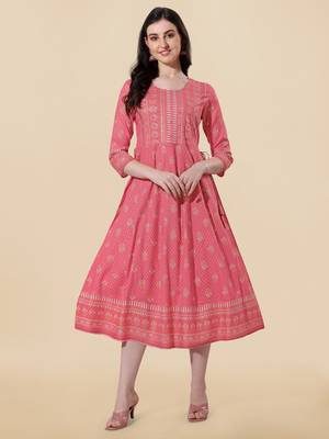 Coral golden rayon jaipuri print foil print mirror work tassels round neck kurta for women 1
