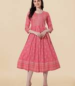 Coral golden rayon jaipuri print foil print mirror work tassels round neck kurta for women