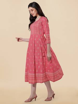 Coral golden rayon jaipuri print foil print mirror work tassels round neck kurta for women 2