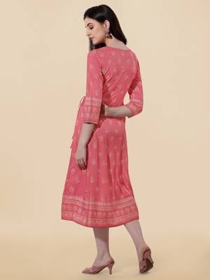 Coral golden rayon jaipuri print foil print mirror work tassels round neck kurta for women 3