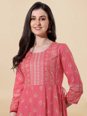 Coral golden rayon jaipuri print foil print mirror work tassels round neck kurta for women 4