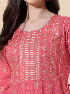Coral golden rayon jaipuri print foil print mirror work tassels round neck kurta for women 5