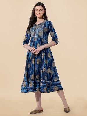Blue golden cotton sequins embroidery foil gotta patti round neck 3/4 sleeve a-line fit kurta for women 1
