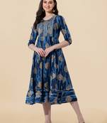 Blue golden cotton sequins embroidery foil gotta patti round neck 3/4 sleeve a-line fit kurta for women