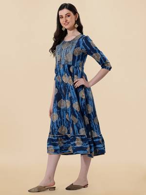Blue golden cotton sequins embroidery foil gotta patti round neck 3/4 sleeve a-line fit kurta for women 2