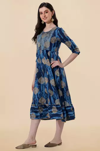 Blue golden cotton sequins embroidery foil gotta patti round neck 3/4 sleeve a-line fit kurta for women
