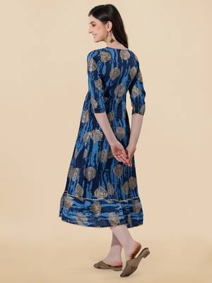 Blue golden cotton sequins embroidery foil gotta patti round neck 3/4 sleeve a-line fit kurta for women 3